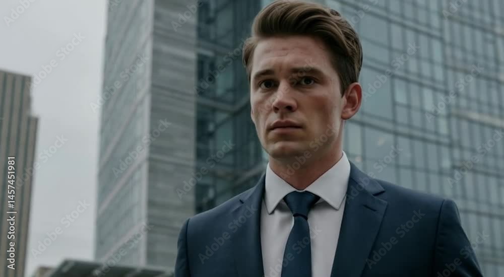Man in suit stands before modern office building with a serious expression on his face outside in city Man in suit stands before modern office building with a serious expression on his face outside in city