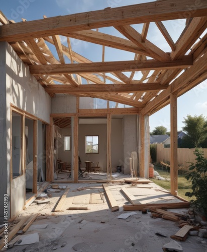 Modern home extension framing, progress visible,  renovation project,  plan