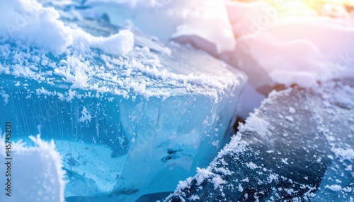 Frosty ice crystals blanket a frozen car window, creating a winter wonderland scene and evoking a feeling of serene cold. photo