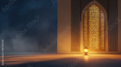 Ornate window with golden lamp in a building interior
