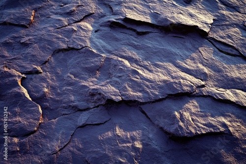 Close-up view of textured, purple-toned rock face, showing deep crevices and uneven surfaces