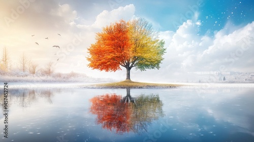 Four seasons tree on island in lake