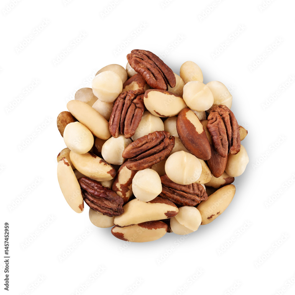 Fototapeta premium Mixed macadamia, pecan and brazil nuts isolated on white background