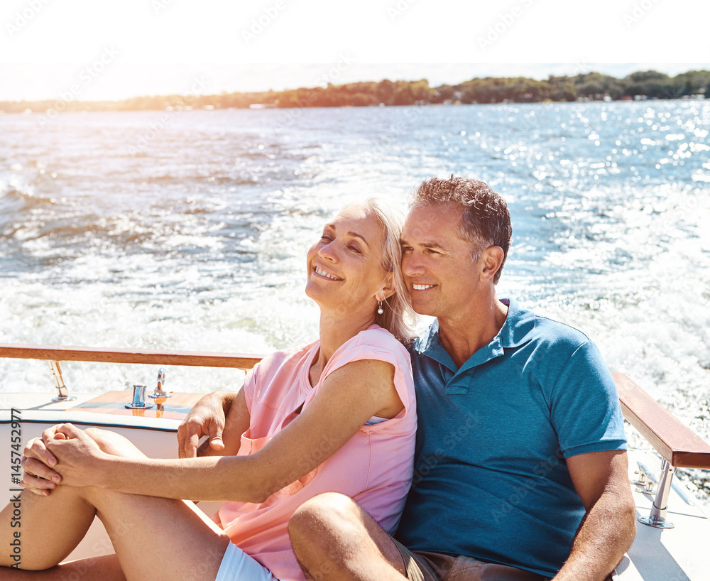 Fototapeta premium Man, woman and retirement on boat cruise for travel, vacation and tropical adventure in Bahamas. Mature couple, love and luxury yacht for holiday, getaway and anniversary on ocean sailing to relax