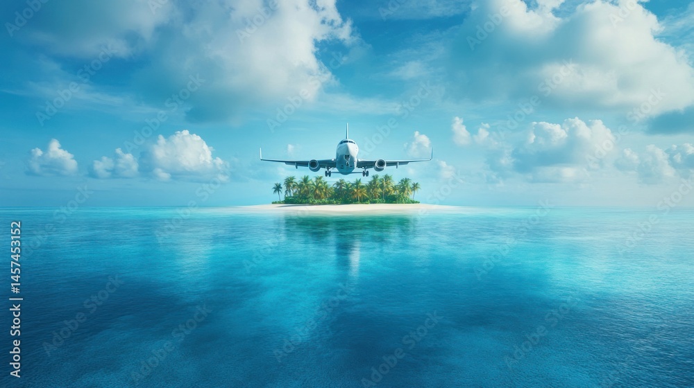 Fototapeta premium Airplane landing on tropical island paradise summer vacation travel