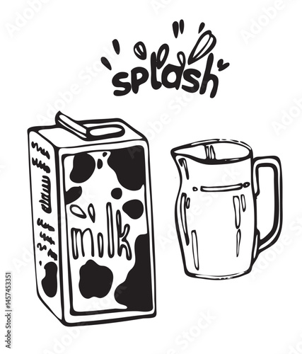 Coffee set of drawn vector doodles, coffee cream, milk pocket, milk clip art, graphic doodles, stickers, and simple lettering