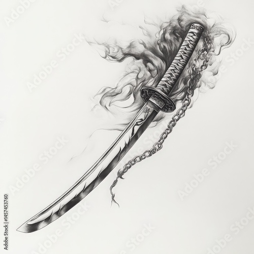 katana, draw, asian, cut, Japan, smoke, black and white, chain, weapon
