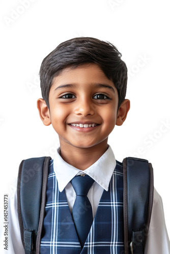 front view closeup indian student child in white shirt school uniform smiling and happy Holding Bag on a White Background.