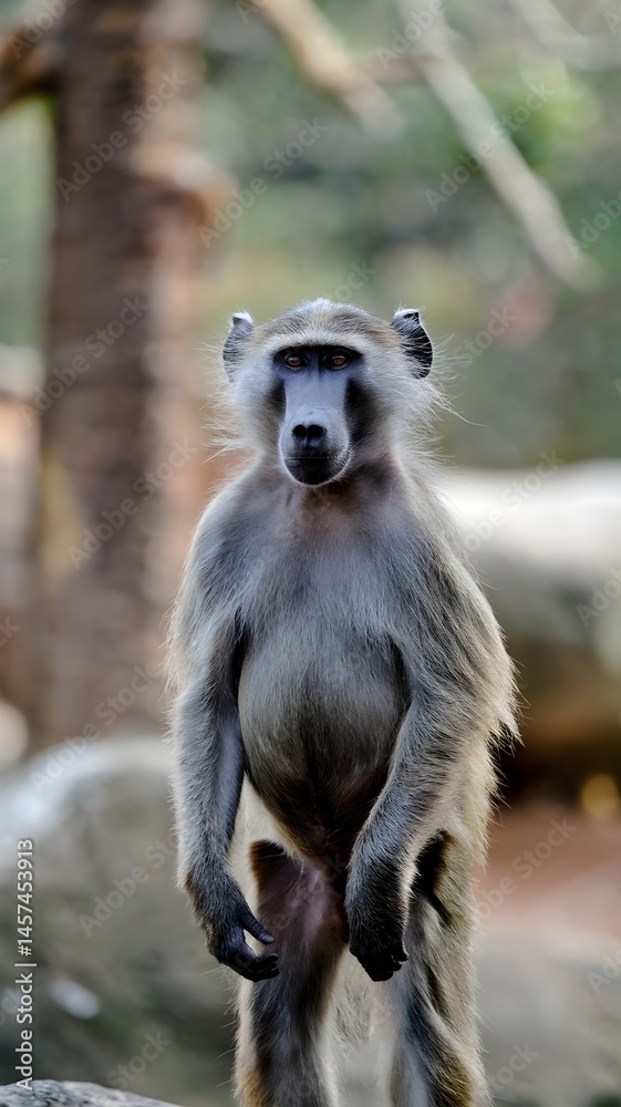 A captivating baboon standing tall and gazing intently A captivating baboon standing tall and gazing intently