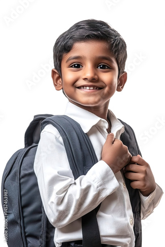 Portrait Indian Student child in School white shirt Uniform smiling and happy Holding Bag on a White Background.