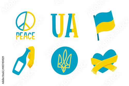 A collection of Ukrainian-themed graphic illustrations featuring symbols of peace, unity, and national pride in blue and yellow colors representing the country's spirit and resilience