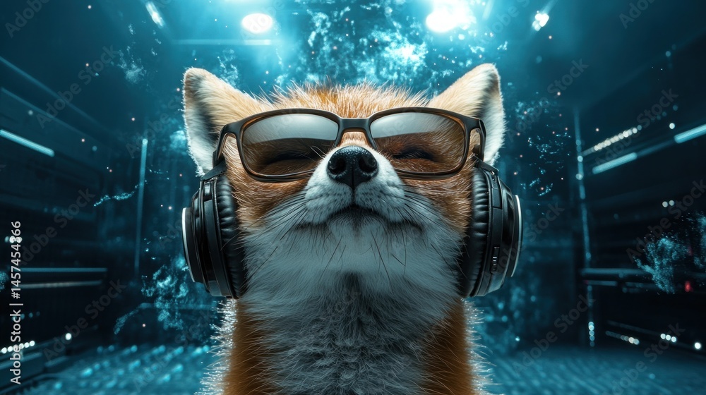 Naklejka premium Fox with sunglasses and headphones enjoys music