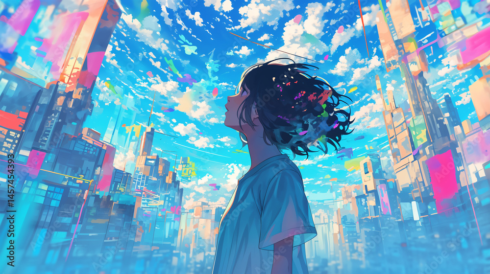 Fototapeta premium 都会で空を見上げる女性