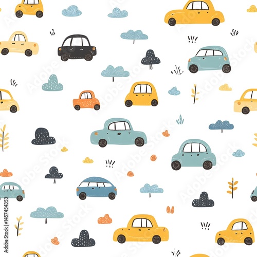 Colorful pattern of cars and clouds on a white background for playful design elements