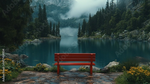 Red bench by a tranquil alpine lake. Misty mountains and lush forest surround the scene