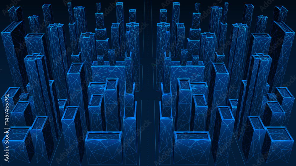Fototapeta premium Digital city, high-rise buildings. Polygonal design of interconnected elements. Blue background.