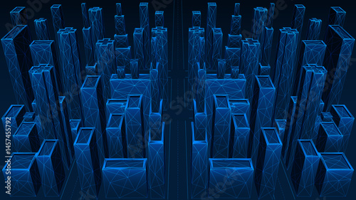 Digital city, high-rise buildings. Polygonal design of interconnected elements. Blue background.