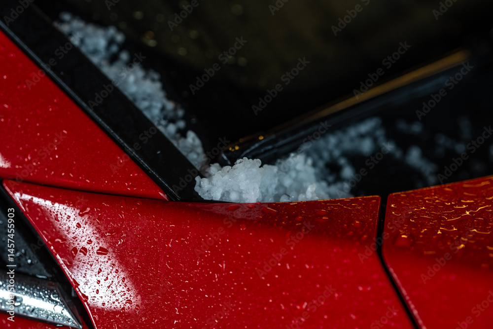 hail accumulated on red car body.