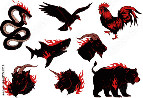 Hand drawn illustration animals and birds with red flames in retro vintage style. Set vector silhouette character for tattoo, mascot. Rooster, shark, dog, goat, unicorn, boar, snake, monkey, bear.