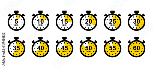 Stopwatch icon. 5, 10, 15, 20, 25, 30, 35, 40, 45, 50, 55, 60 min timer