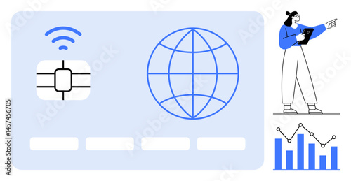 Contactless payment card with wireless chip, globe symbolizing global transactions, female analyst reviewing reports, and bar graphs. Ideal for finance, technology, global trade, analytics