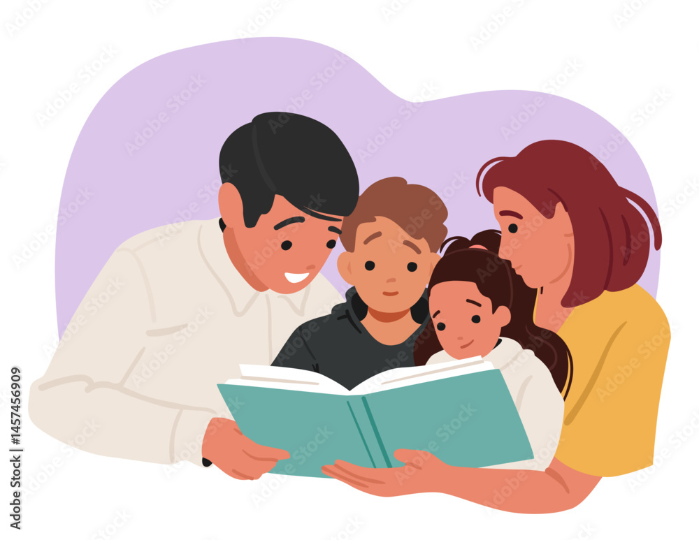 Happy family enjoying reading fairy tale book together engaged in hobby activity cartoon portrait Happy family enjoying reading fairy tale book together engaged in hobby activity cartoon portrait