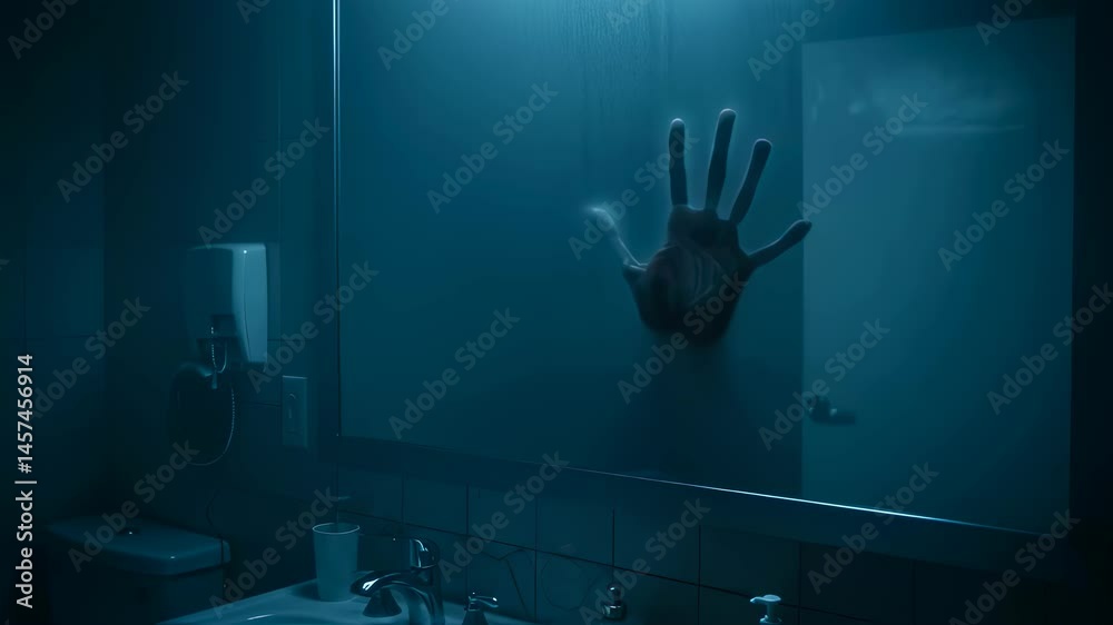 Hand on mirror in dark blue bathroom. Ghostly hand presses against glass surface in vintage style interior for Halloween or ghost story concept.