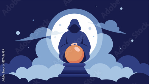 Crystal Ball Gazing A mystical figure gazing into a crystal ball surrounded by swirling clouds depicting how people seek guidance and certainty through divination practices.