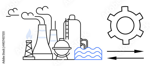 Factory with chimneys, smoke, water body, flame tower, and cogwheel symbolizing industry, energy, and efficiency. Ideal for manufacturing, engineering automation sustainability clean energy