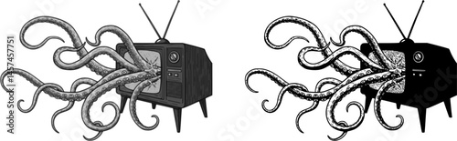 Octopus tentacles emerge from tv in hand drawn vintage monochrome style. Creative retro vector illustration monster for print or tattoo.
