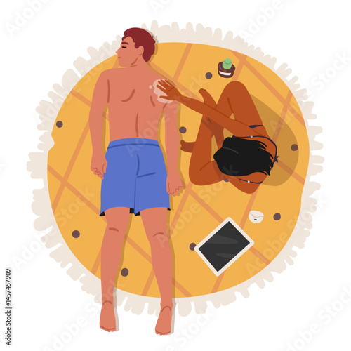 Relaxed couple rest on beach, girlfriend applying sunblock cream on boyfriend back cartoon scene