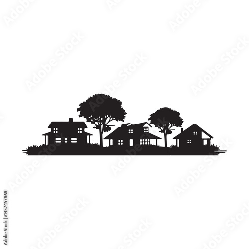Silhouette of a Quaint Village Landscape with Houses and Bare Trees Against a White Background in Black and White