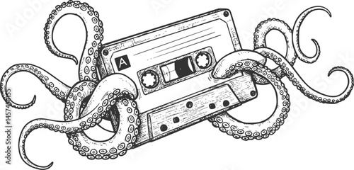 Octopus tentacles emerge from classic audio cassette. Hand drawn vector art in sketch style. Creative fashion illustration for print, tattoo.
