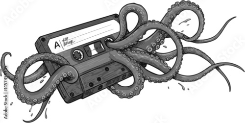 Octopus tentacles emerge from classic audio cassette. Hand drawn vector art in sketch style. Creative fashion illustration for print, tattoo.
