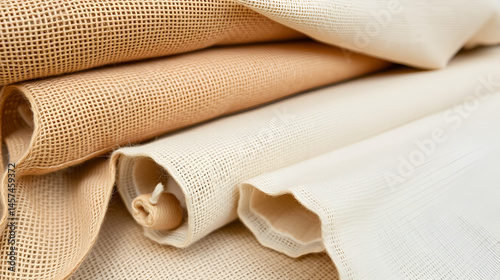 Natural fabrics from organic colors of flax and cotton in rolls, homespun textile handmade. Burlap and canvas for eco, rustic, boho, hygge decor