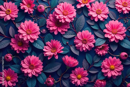 Intricate fuchsia floral pattern, vibrant blooms and leaves , pink, magenta flowers