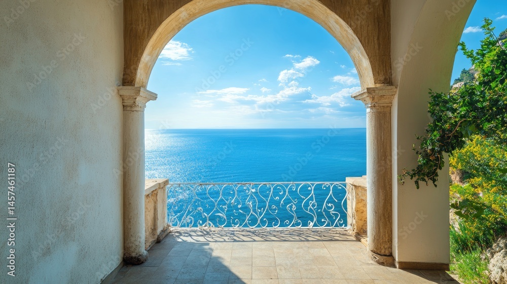 Sea View From Idyllic Villa Terrace. Summer Vacation Escape. Sea View From Idyllic Villa Terrace. Summer Vacation Escape.