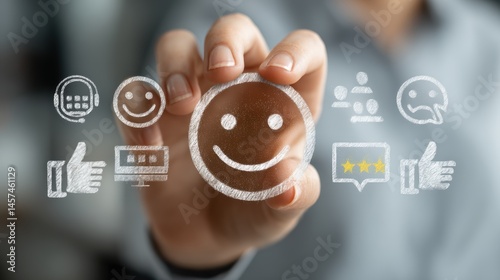 Visual concept of customer service, with elements showing client satisfaction, positive feedback, and the impact of support systems on business outcomes and success