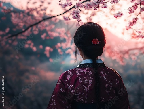 culture, hanbok, cherry blossom Woman in traditional Korean hanbok under cherry blossoms