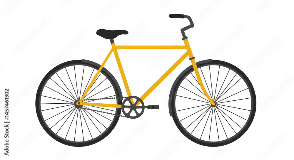 Fototapeta premium Yellow Bicycle Side View with Black Wheels Isolated on White Background for Transportation Concept