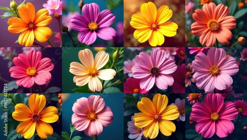 Bold stylized blossoms arranged in a square grid , vibrant, wallpaper