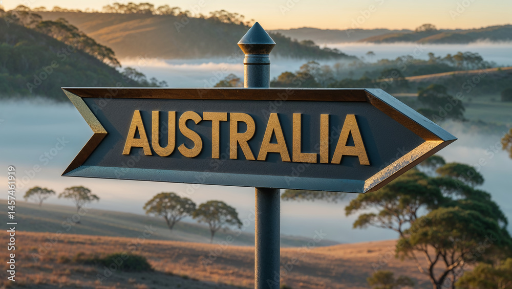 on a pole a direction arrow with the inscription Australia against the backdrop of a picturesque landscape in summer
