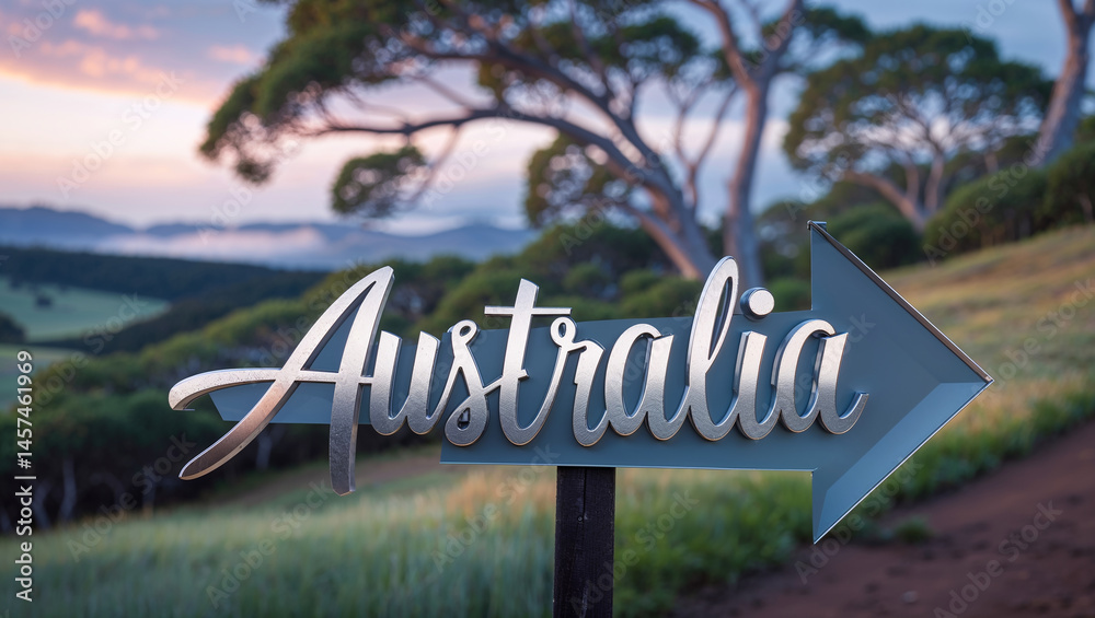 on a pole a direction arrow with the inscription Australia against the backdrop of a picturesque landscape in summer