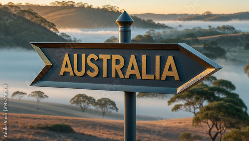 Obraz na płótnie on a pole a direction arrow with the inscription Australia against the backdrop of a picturesque landscape in summer w salonie