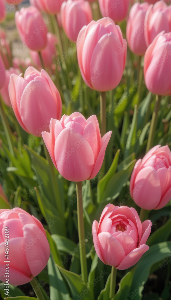 Fototapeta premium Pastel Dream: A serene close-up of delicate pink tulips blossoming in the spring, their petals unfurling in the warmth of the sun. This image evokes a sense of tranquility, renewal.