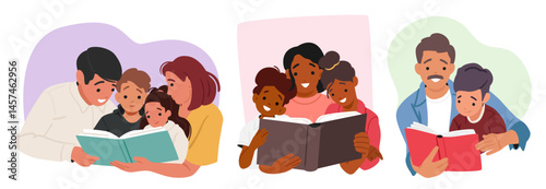 Portrait set with happy parents and kids sitting together and reading story book enjoying hobby