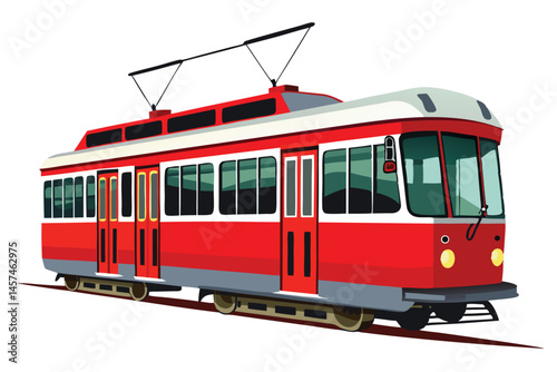 Bright Red And White Tramway Public Transportation Vehicle Graphic Illustration