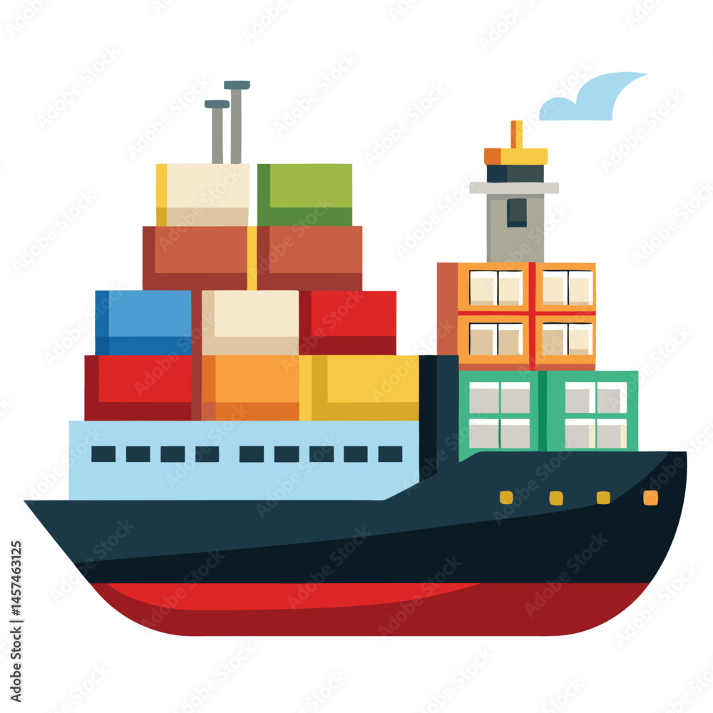 Obraz premium Cargo Ship Illustration Loaded With Colorful Containers For Global Delivery Logistics