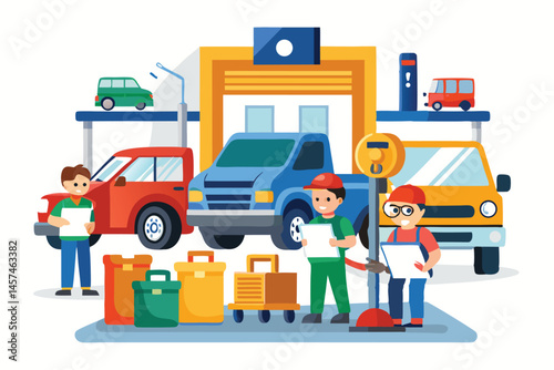 Cartoon Car Repair Shop With Mechanics And Colorful Vehicles Vector Illustration