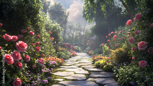 A peaceful rose garden with stone pathways, the air filled with the fragrance of blooming roses and the hum of bees. [Harmonic Relics] | Sonic Enchantment | humming stone. Illustration